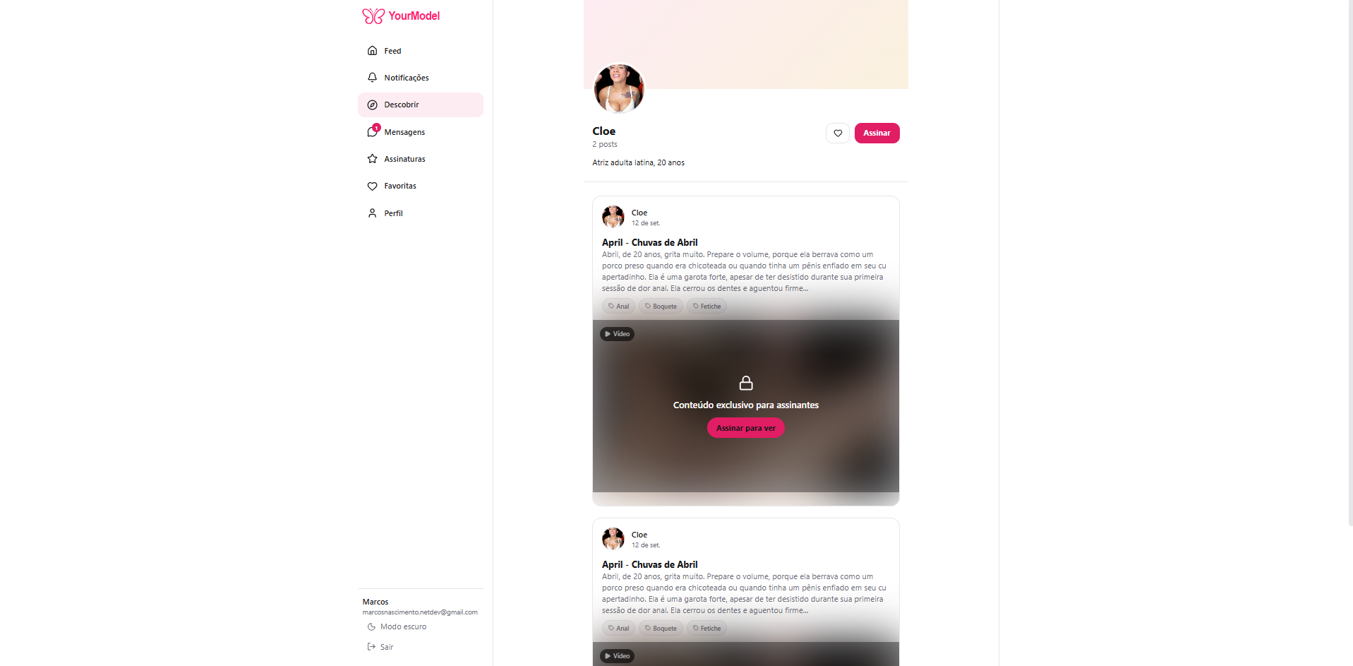 Feed e perfil de criador da plataforma YourModel